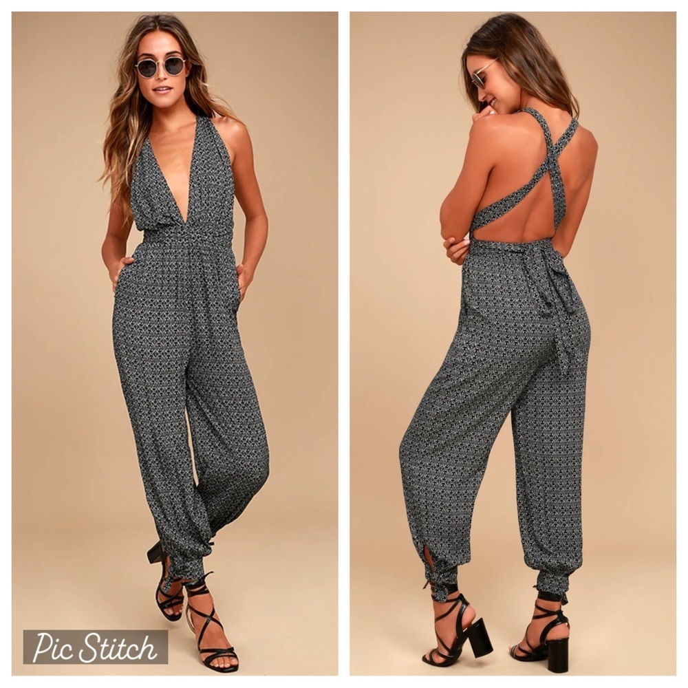 Lulu’s Take a Trip halter tie patterned jumpsuit